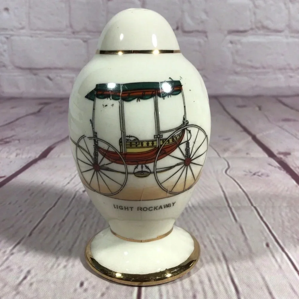 Vintage Porcelain Buggy Warranted 22 Karat Gold Salt and Pepper Shaker Pair
